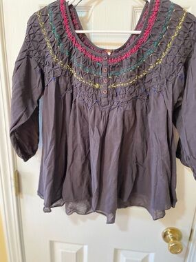 Free People Embroidered Smocked Blouse Size M Gray Boho Peasant